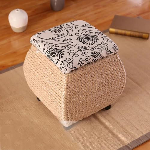 TY&WJ Banc De Rangement D'extérieur en Osier,Couvercle Réversible Tabouret Coffre De Rangement avec Assise Rembourrée Pouf Coffre Repose pour Le Pied du Lit Salon,D,40x40x40cm(16x16x16inch)