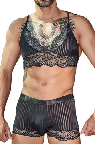 AIEOE Ensemble de lingerie en dentelle pour homme - Soutien-gorge transparent et culotte taille basse - 2 pièces