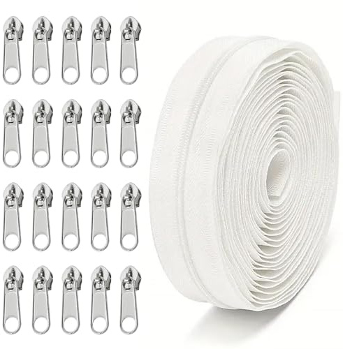 Replacement Sewing Zipper 10M - #5 White Nylon Coil Zippers with 20pcs Metal Zipper Sliders for DIY Tailor, Dress, Sofa, Pillow, Bag