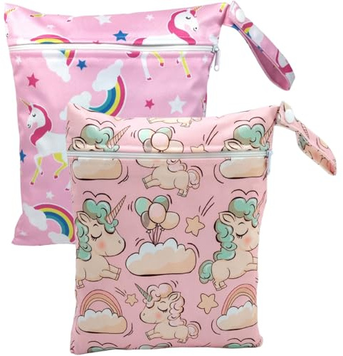 Rosqmor Bolsa Impermeable Bebe 2 Piezas, Pañalera Saco Bebe Rosa Unicornio, Pequeño Portátil Bolsas Impermeables para Niños Pañales, Ropa Mojada, Trajes De Baño