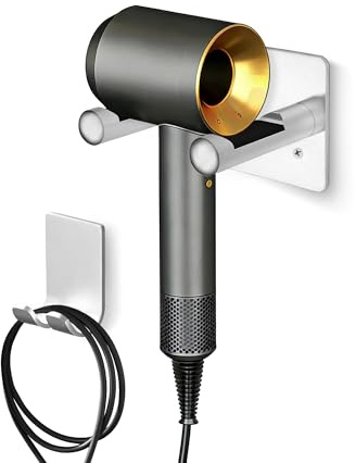 Soporte para secador de pelo, organizador de espacio montado en la pared para baño, dormitorio, baño, barbería, plateado