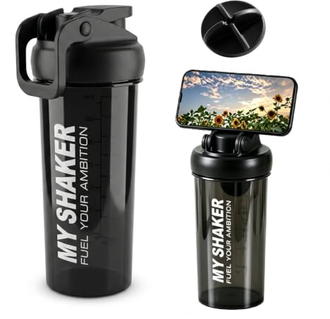 Shaker Proteinas 900ml, Vaso Mezclador Proteinas con Compartimento de Polvo y Bola Agitadora, Botella Agua Gimnasio Resistente, Sin Fugas con Asa de Transporte, Para Fitness y Deportes, Negro