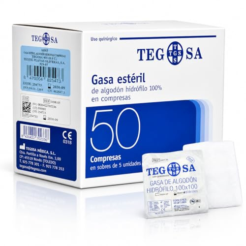 Gasas estériles de algodón hidrófilo en compresas 8 cm x 6 cm - 8 capas - Gasas - Paquete de 50 uds en 10 sobres de 5 uds - Gasas de alta absorción y de uso médico.