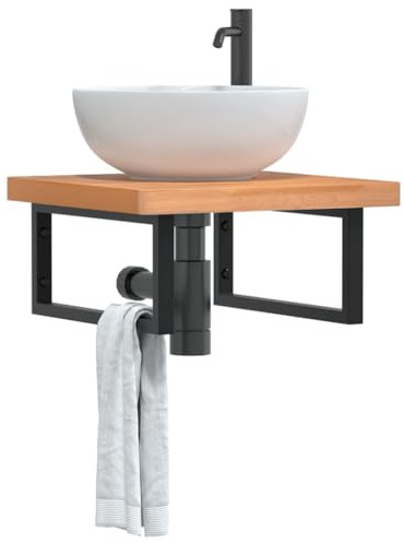 Tonture Tvättställshylla, väggmonterad, stål och massivt trä, bok 50 x 50 cm med svart hållare, rektangulär, lastbar, 100 kg, platsbesparande för badrumsförvaring och förvaringsutrymme