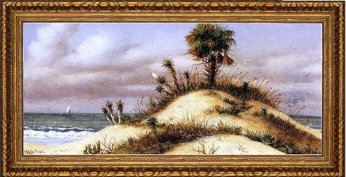 William Aiken Walker Florida Seascape with Sand Dune- Palm Tree- Yucca- Cactus and Sailboat - 15.05 x 30.05 Framed Premium Canvas Print