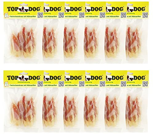 Topdog Kaninchenohren für Hunde 12 x 70g - Ohne Fell - Getrocknete Hasenohren mit Hühnchenfilet - 100% natürlich ohne Zusatzstoffe und fettarm - Idealer Kausnack mit intensivem Geschmack