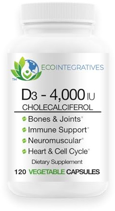 EcoIntegratives Vitamin D3-4000 IU (Cholecalciferol) Hypoallergenic Support for Muscles, Bones, Teeth, Breast, Prostate, Cardiovascular, Colon and Immune Health - 120 Vegetable Capsules
