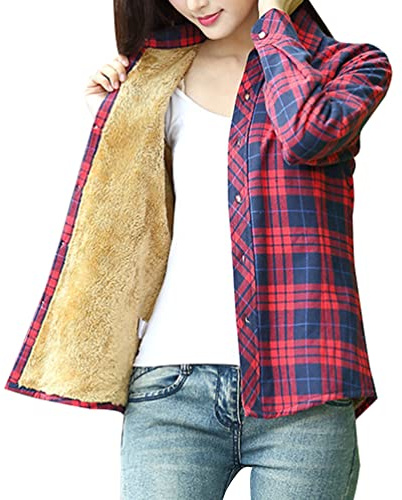 Minetom Camicia Quadri Donna Manica Lunga Bluse Casual Caldo Autunno Inverno Fodera Velluto Boyfriend Shirt Top Camicetta Giacca Stile C 38