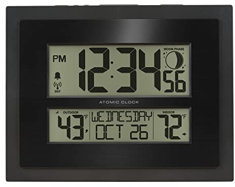 La Crosse Technology 513-75624-INT Digital Atomic Clock with Outdoor Temperature and Moon Phase,Black