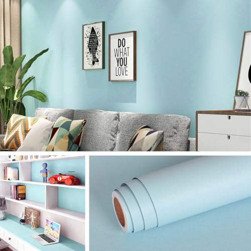 Livelynine Carta da Parati Adesiva Muro Blu Chiaro Lavabile Carta Adesiva per Mobili Blu Opaco 40CMx5M Adesivi per Mobili Cucina Azzurro Blu Carta Adesiva per Armadio Tavolo Pellicola Adesiva Celeste