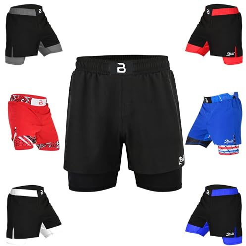 2BOLD MMA Shorts Men’s BJJ, Grappling, JIU-Jitsu, NO-GI Cross Training, Built in Compression Running Shorts (US, Alpha, Large, Regular, Regular, Black)