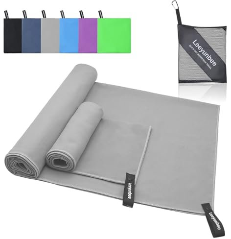 Leeyunbee Mikrofaser Handtuch 2er Set - 160 x 80 cm Badetuch Groß + 80 x 40 cm Klein Handtuch, Schnelltrocknend Sporthandtuch, Kompakt Microfaser Handtücher, als Reisehandtuch, Strandtuch (Hellgrau)
