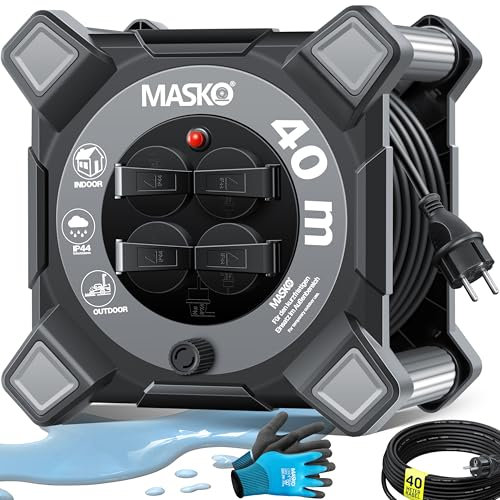 MASKO® Kabeltrommel 40m | Verlängerungskabel mit Schutzkontaktsteckdosen & Wickelgriff | Outdoor Kabelaufroller Thermoschutz | Gerätetrommel IP44 1000W ~ 3000W | inkl. Tragegriff und Montagehandschuhe