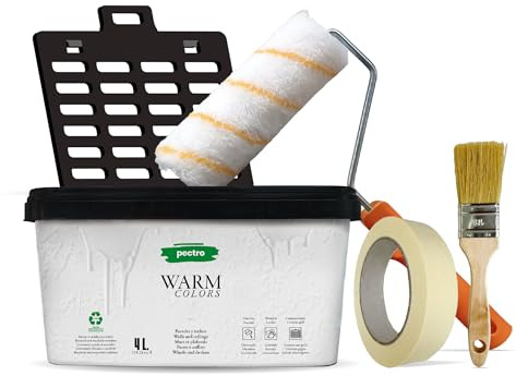 PECTRO Peinture Une Couche 4L (6,3kg) Kit Rouleau, pinceau, grille et ruban - Peinture Mur et Plafond Interieur Couleurs Chaudes - Ultra Couvrante et Lessivable, finition Mate