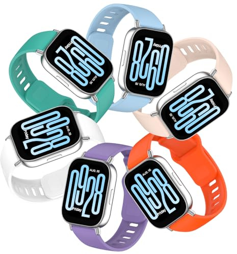 BDI-rem kompatibel med Xiaomi Redmi Watch 5 Active/5 Lite, 6-pack flerfärgat sportband i silikon, standarddesign, unisex, vattentätt, svettbeständigt, allergivänligt