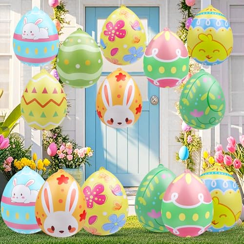 Larber 16 Pcs 16 Inch Inflatable Easter Eggs Outdoor PVC Inflatable Hanging Easter Eggs Blow Up Easter Egg for Egg Hunts Yard Garden Outdoor Decorations (16pcs)