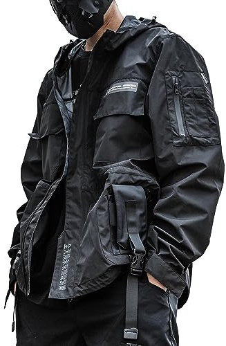 XYXIONGMAO Streetwear Hooded Black Jacket Techwear Windbreaker Cyberpunk Tactical Cargo Streetwear Jacket Bomber Jacket Men(Black,2XL)