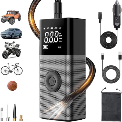 Inflador de Neumáticos Compresor de Aire Portátil - 5X Más Rápido 180PSI Bomba de Aire Inalámbrica para Neumáticos de Coche con Manómetro Digital y Apagado Automático, Luz LED de Emergencia Bomba Inal