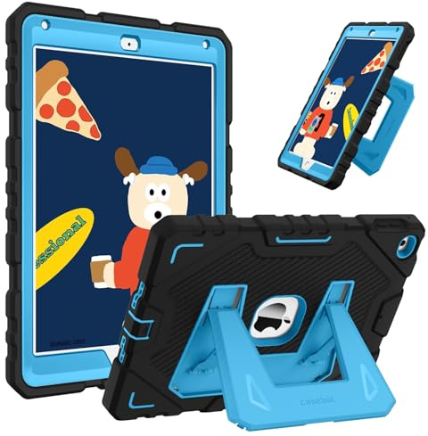 FINTIE Fodral för iPad 6:e/5:e generationen (2018/2017, 9,7 tum), iPad Air 2 (9,7 tum) - Stötsäkert robust skyddsfodral med integrerad hållare, svart/blå