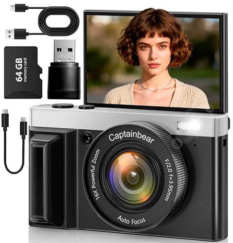 Cámara digital 4K, cámaras de 64 MP para fotografía con zoom digital de 16X, cámara de vlogging de enfoque automático para YouTube, cámara de viaje compacta con pantalla abatible de 180° de 3 pulgadas