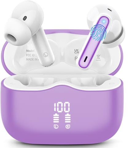 Auriculares Inalambricos Bluetooth, Auriculares Bluetooth 5.4 con 40H HiFi Estéreo, Cascos Inalambricos con Reducción de Ruido 4 Mic, Pantalla LED, IP7 Impermeable, Carga Rápida, Ajuste Cómodo Lavanda