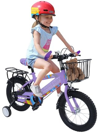 GIDRLL Barncykel 14 tums cykel barn från 3–5 år pojkar och flickor barn cykel justerbar höjd med avtagbara stödhjul, förvaringskorg, baksäte och kedjeskydd (B-lila)