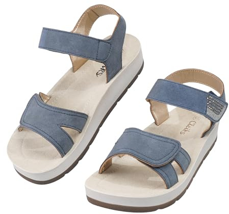 CLEIKS Scarpe Estive Anziani Pantofole Donna Estate Sandali con Chiusura a Strappo Donna in Pelle Sandali Casual da Spiaggia Sandalette Plateau Slides (Blu, 38 EU, WCL260437-3)