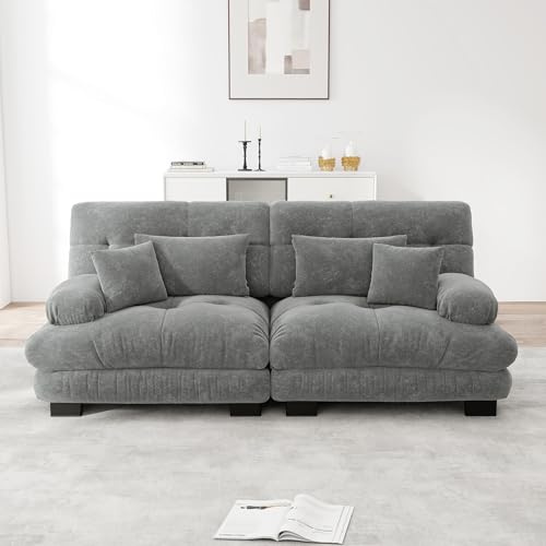 Sofá de esquina moderno de 220 cm, gran sofá modular de 2 plazas con estructura de madera maciza, tela de chenilla, sofá de esquina profundo con amplios reposabrazos y 4 cojines para el salón, Gris