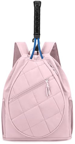 GreenTaya Drawstring Tennis Backpack, Puffer Tennis Racket Bag with Shoe Compartment & Wet Pocket Gym Bag for Women, Suitable for Pickleball Tennis Badminton (Pink)