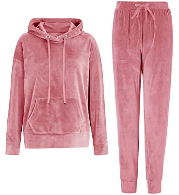REORIA Tuta da donna con pantaloni e felpa a maniche lunghe con cappuccio due pezzi tinta unita colore rosa taglia M