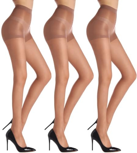 WAJIAFAR 3 Pack Women's Sheer High Waist Tights with Support and Reinforced Toes Pantyhose (Caramel, L)