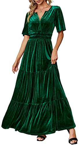 Amegoya Women's Velvet Short Sleeve V Neck Formal Wedding Guest Maxi Dresses Fall Evening Party Long Dresses（L Teal）
