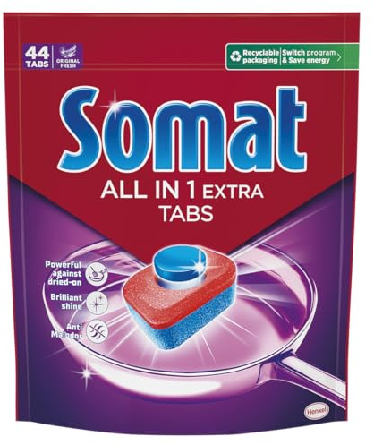 Somat Todo en 1 Extra Pastillas (1 x 45 tabs), detergente lavavajillas anti-olor para vajilla, pastillas lavavajillas para ciclos eco y cortos, eliminan la suciedad incrustada