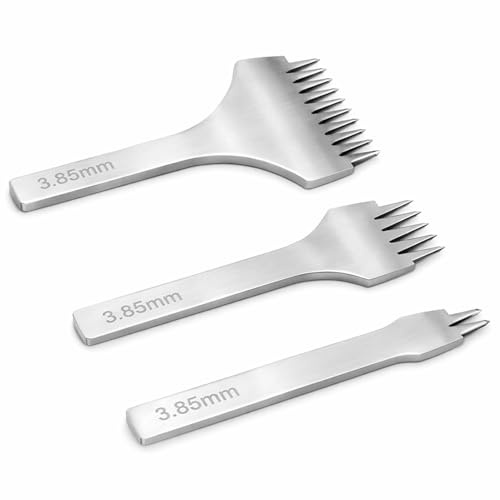 AUNMAS Leather Stitching Punch Set, 3Pcs Handwork Hole Punch Pro Sharp Pricking Iron French Style Chisel Punching Tool for Leather Craft DIY, Steel, 3.85mm