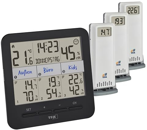 TFA Dostmann Termohygrometer med 3 Klima@Home2-sändare, 30.3075.01, lufttemperatur/luftfuktighet, inklusive daggpunktsangivelse för att förhindra mögel, svart