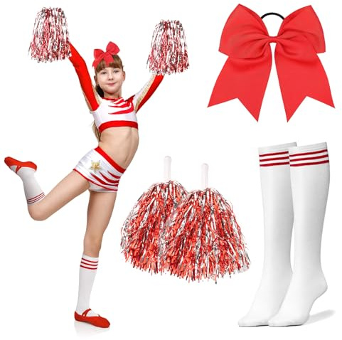 DPKOW Accessoires de Deguisement Pompom Girl Fille Enfant, Accessoires de Costume Football Pompom Girl Fille, 1 Paire Pompons de Cheerleading + un Noeud à Cheveux Rouge + 1 Paire de Chaussettes Rayées