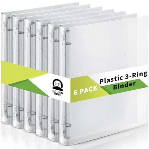 Crtiin 6 Pack 3 Ring Binder Clear Plastic 3 Holes Binder Notebook Covers, Snap Button Closure Refillable Notebook D/o Rings Binders Cover Protector for School Office Students Gifts(O Ring,0.5 Inch)