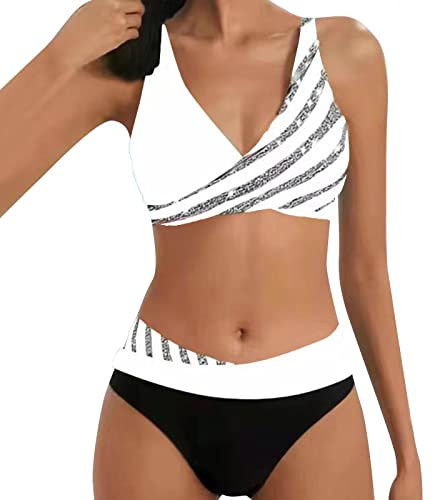 BIEDONGDA Maillots de Bain Femme 2 Pièces Taille Haute Vintage Bikini Set Push Up Col V Chic et Élégant Froncé Torsadé Ensemble Deux Pièces Tankini Beachwear Swimsuit Été