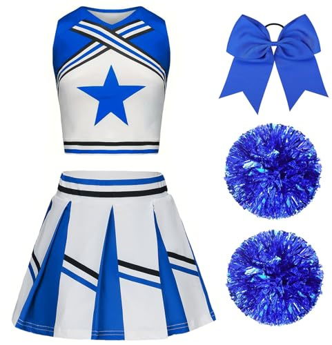 XFOZDM Deguisement Pompom Girl Fille, Deguisement Cheerleader Fille, Uniforme de Pompom Girl Fille avec Pompoms et Chaussettes Robe de Pompom Costume pour Enfant Halloween Carnaval Mascarade