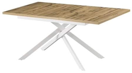 B&D home Esstisch BEA, ausziehbar 120-160 x 80 cm, 4-6 Personen Küchentisch Holztisch mit Kreuzgestell weiß für Küche, Esszimmer, Industrial modern Design, Eiche Optik, 11202-XW-EIDA-P