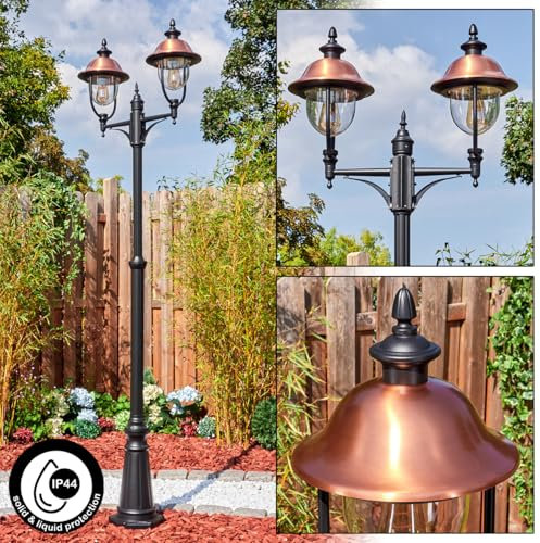 HOFSTEIN Kandelaber Gascon, Außenwegeleuchte aus Metall/Kunststoff in Schwarz/Kupfer/Klar, verstellbare Wegeleuchte im Vintage/Antik/Landhaus-Design für Garten, Außenbereich, Hof, 233cm, 2 x E27, IP44