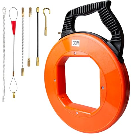 Aiguille Electricien 30 m, 4mm Tire Fils Electrique, Aide à Tirer le Câble, Avec 6 Adaptateurs pour Aiguille Tire Fil, Aide à Tirer les Câbles, Tire Cable Avec Boîtier en Plastique et Poignée
