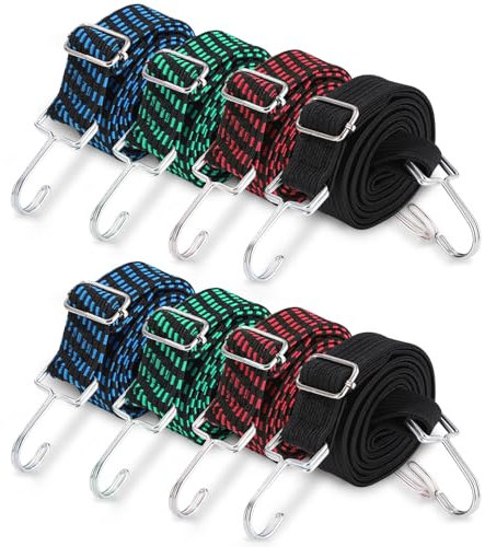Nuxory Tendeurs Elastique avec Crochets 8 pcs, 2M Plat Tendeur de Bagages, Réglables Tendeur Bagages, 2,5 Fois l'élasticité avec Doubles Crochets pour Transport de Bagages Voiture Moto Camping