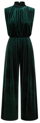 CIDER Velvet High Neck Ruched Zipper Wide Leg Jumpsuit: Dark Green, M