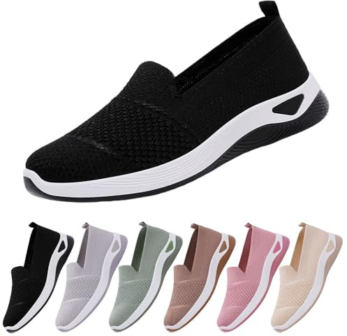 Promenadskor för kvinnor Slip on Low Bow Stand Hem Skor Ortopediska Halkfria Mesh Hemskor Sommar Gymnastik Gymnastikskor Tennis Båt Diabetiska Skor, Vj Svart, 38 EU