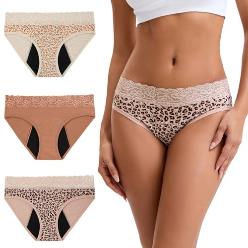 INNERSY Culotte Menstruelle Femme Coton Dentelle Shorty Regles Lavable Slip Périodique Lot de 3 (M, 2 Léopard/1 Marron Clair)