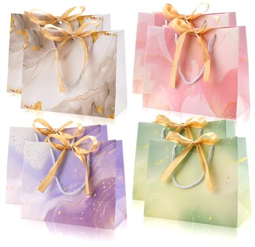8 pezzi Sacchetto Regalo con Fiocco 20 x 25 x 10 cm Buste Regalo Medie Sacchetti Regalo di Carta con Manici, Borsa Regalo per Donne Ragazze San Compleanno Valentino Festa di Nozze Natale