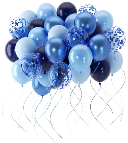 Luftballons Blau 60 Stück 12 Zoll, Blaue Ballons Set mit Metallic & Konfetti, Navy Hellblau Pastell Matt Latex Luftballons für Geburtstag Hochzeit Babyshower Party Deko