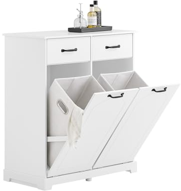 SoBuy Armario Baño con Cajones y 2 Cestos de Ropa – Mueble Baño Blanco de Madera Estrecho con Cestas Extraíbles, Cajonera Auxiliar para Lavandería, 79,5x38x90cm, BZR208-W