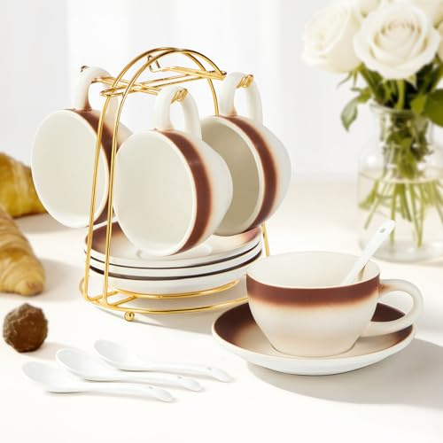 DUJUST Set cappuccino 4 pezzi marrone sfumato (260 ml), composto da tazze in ceramica con piattini, cucchiaini e supporti in metallo, realizzato per gli intenditori di caffè